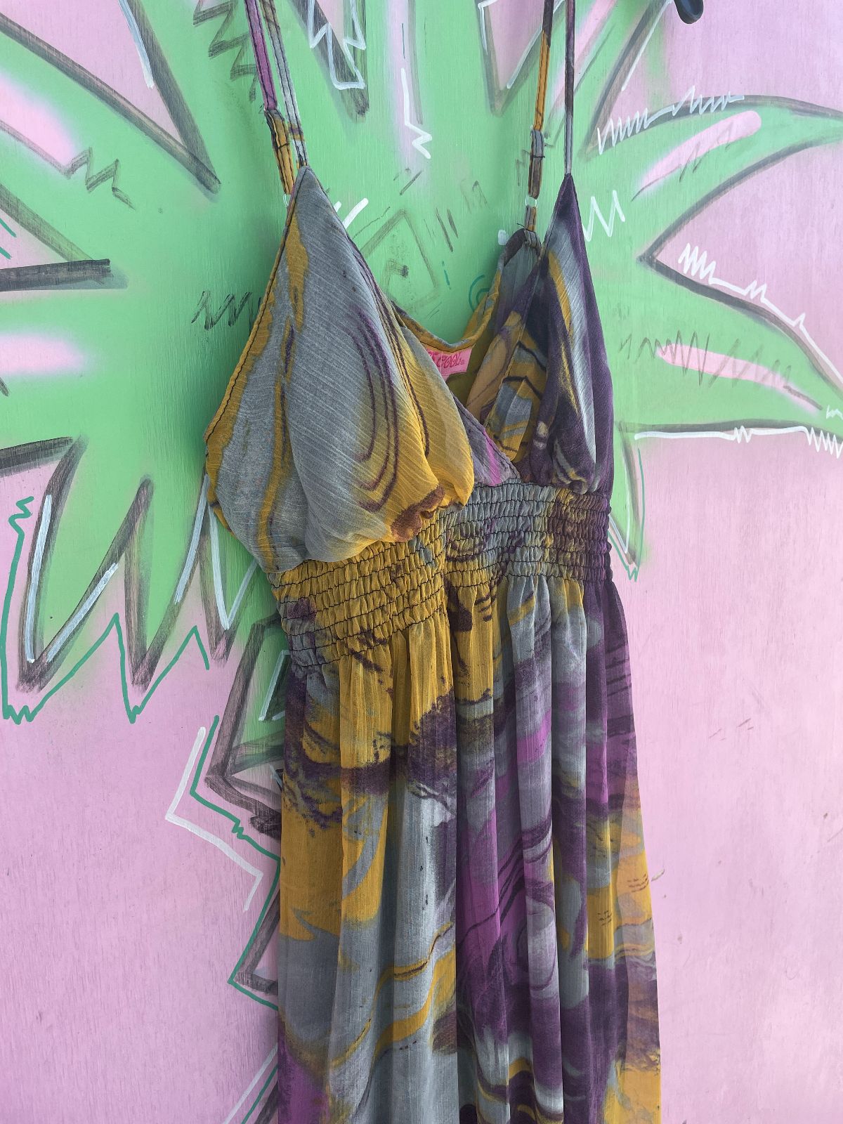 SHES COOL EARLY Y2K! SHEER FLOWY PAINTERLY PRINT DRESS RUCHED BODICE, SPAGHETTI STRAPS in PURPLE, YELLOW, GREY
