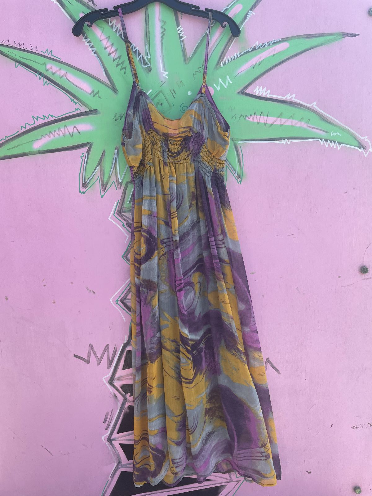 SHES COOL EARLY Y2K! SHEER FLOWY PAINTERLY PRINT DRESS RUCHED BODICE, SPAGHETTI STRAPS in PURPLE, YELLOW, GREY