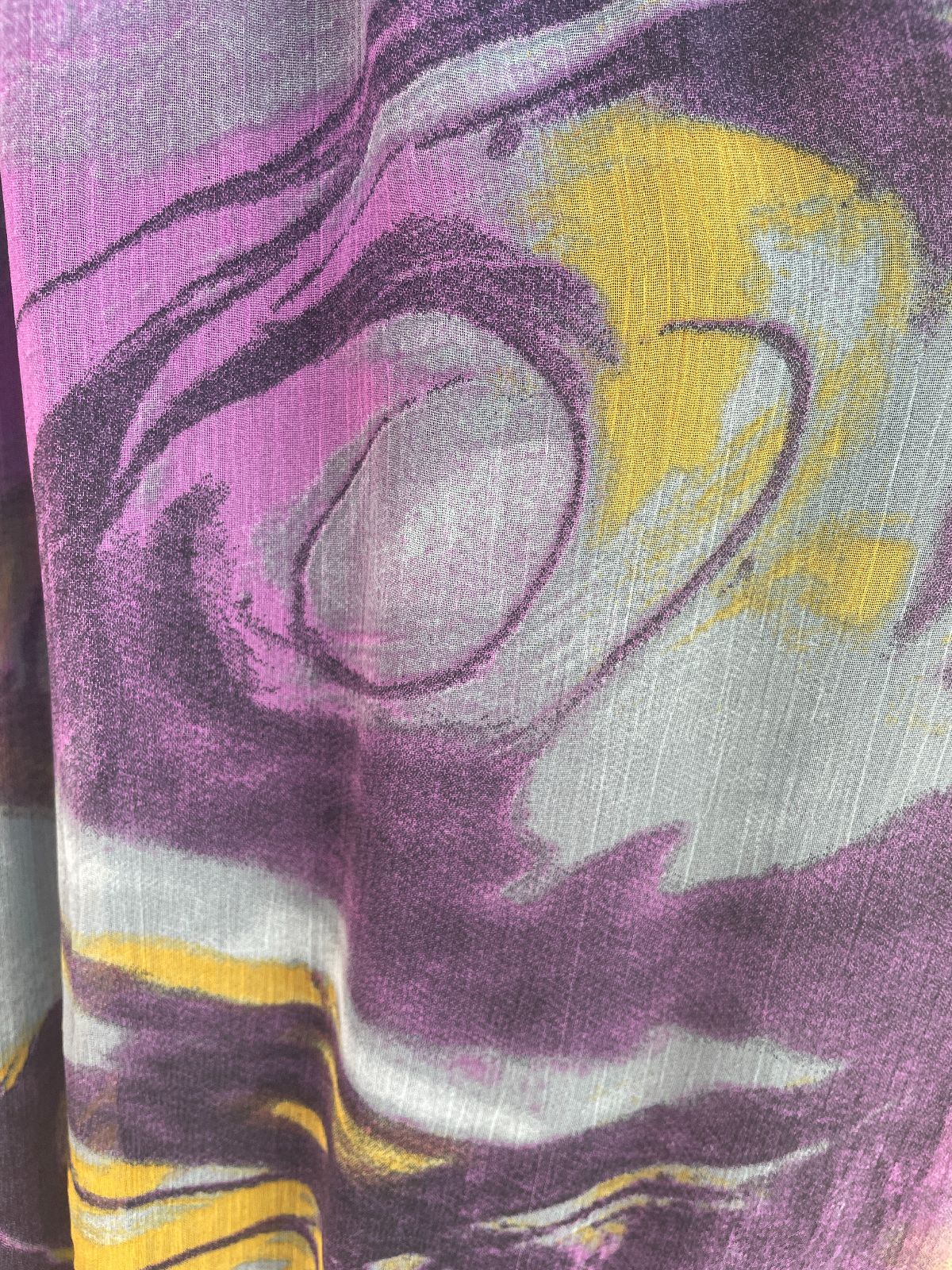 SHES COOL EARLY Y2K! SHEER FLOWY PAINTERLY PRINT DRESS RUCHED BODICE, SPAGHETTI STRAPS in PURPLE, YELLOW, GREY