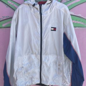 TOMMY HILFIGER *AS-IS* TOMMY HILFIGER HOODED WINDBREAKER ZIP-UP JACKET, EMBRDOIERED FLAG in WHITE, BLUE