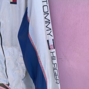 TOMMY HILFIGER *AS-IS* TOMMY HILFIGER HOODED WINDBREAKER ZIP-UP JACKET, EMBRDOIERED FLAG in WHITE, BLUE