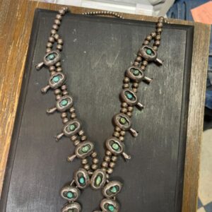 UNIQUE! OLD PAWN SHADOW BOX SQUASH BLOSSOM, ETCHED ENCASINGS, RAW CHUNK TURQUOISE PIECES in SILVER, BLUE, GREEN
