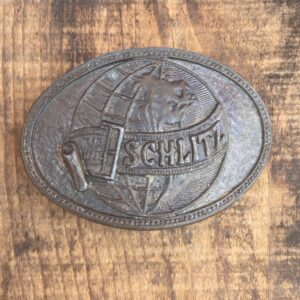 SCHLITZ MALT LIQUOR BRONZE BELT BUCKLE in BROWN