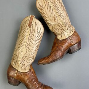 DAN POST *AS-IS* 2-TONE LIZARD PANELED ALMOND TOE COWBOY BOOTS in BEIGE, BROWN