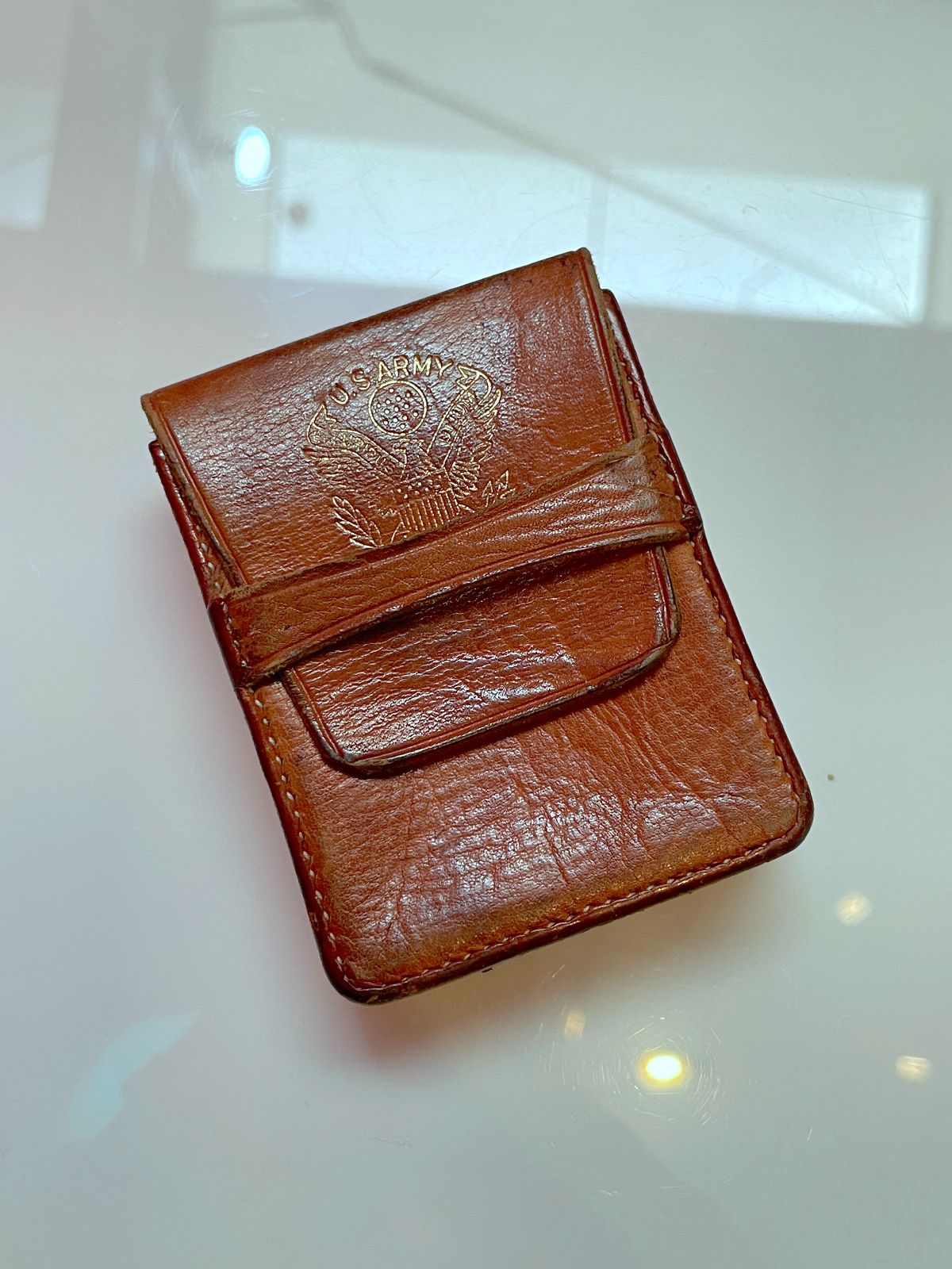 MADE IN ECUADOR SMALL LEATHER FOLD TOP CIGARETTE CASE - U.S. ARMY in COGNAC