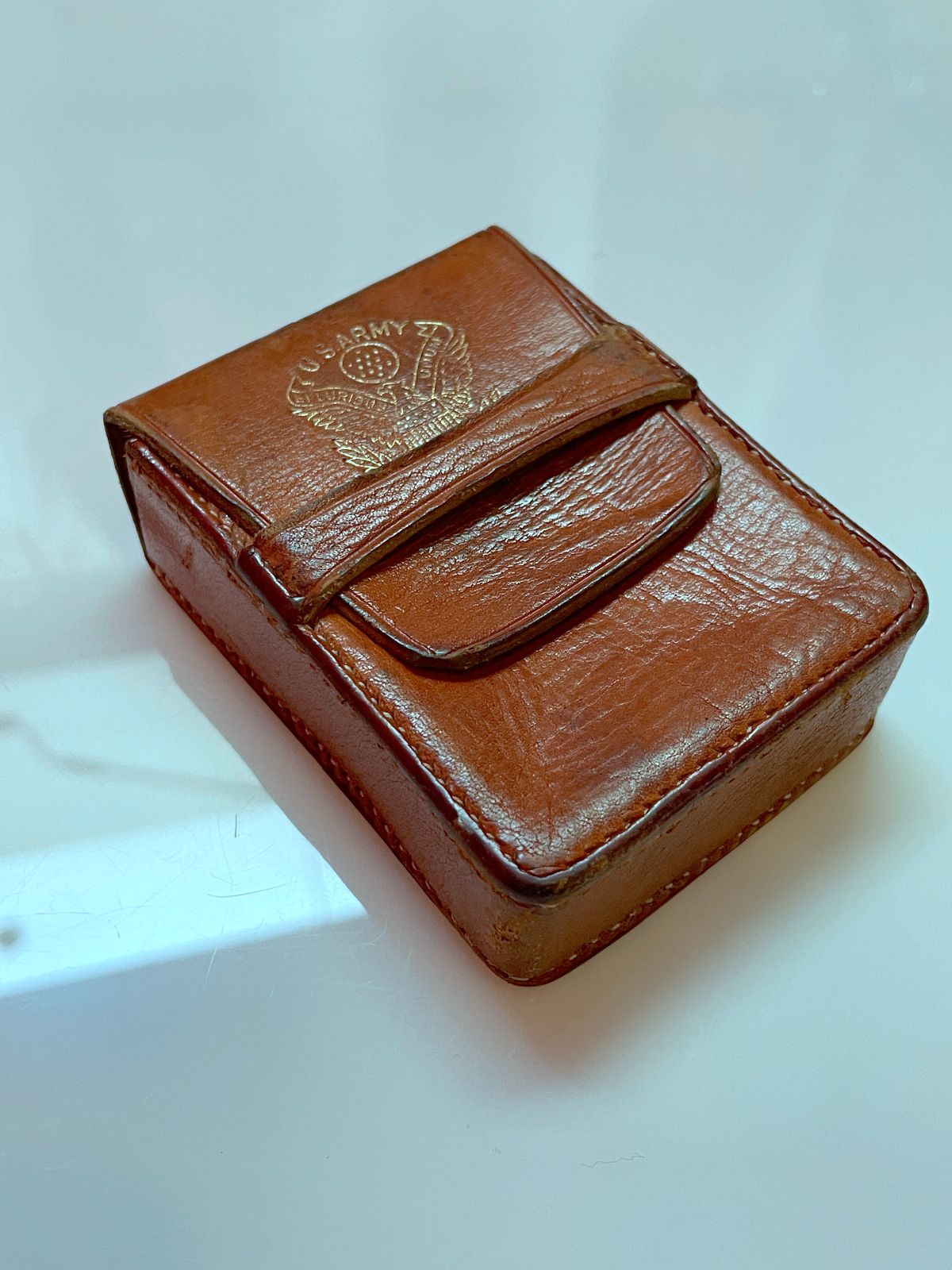 MADE IN ECUADOR SMALL LEATHER FOLD TOP CIGARETTE CASE - U.S. ARMY in COGNAC