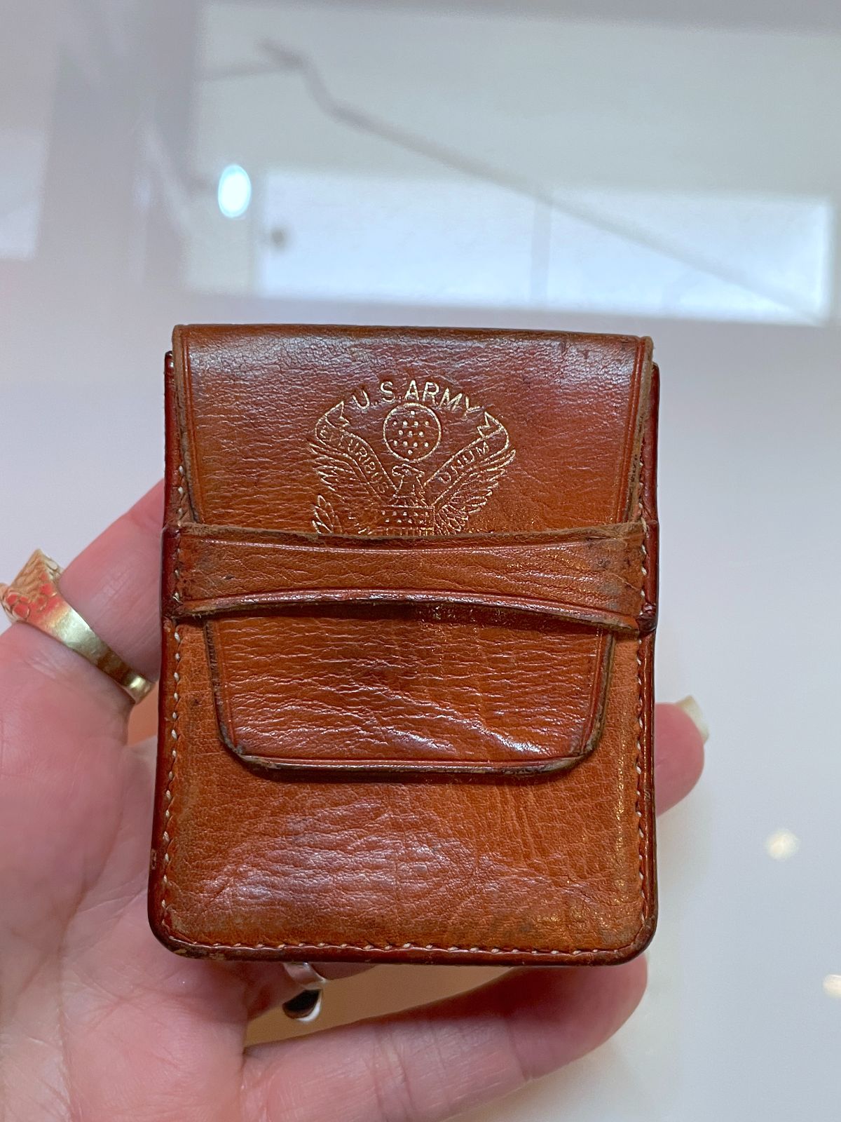 MADE IN ECUADOR SMALL LEATHER FOLD TOP CIGARETTE CASE - U.S. ARMY in COGNAC