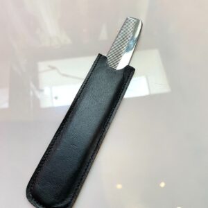 VASSAR MADE IN SWEDEN RETRO POLISHED STAINLESS STEEL POCKET COMB, WITH LEATHER SHEATH CASE in SILVER, BLACK