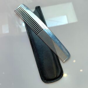 VASSAR MADE IN SWEDEN RETRO POLISHED STAINLESS STEEL POCKET COMB, WITH LEATHER SHEATH CASE in SILVER, BLACK