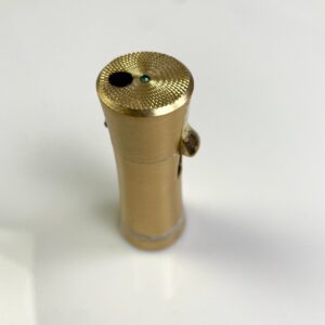 RONSON 1950S GOLD METAL LIPSTICK TUBE NOVELTY REFILLABLE LIGHTER, SPIRAL ETCHED DETAIL & JEWEL ADORNMENT in GOLD, GREEN