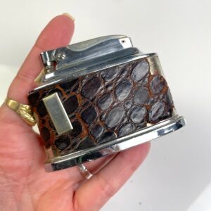 RONSON *AS-IS* 1950S GENUINE CROCODILE REPTILE LEATHER WRAPPED TABLE TOP LIGHTER COLUMBIA MASONIC LODGE 50TH ANNIVERSARY BRANDING in BROWN, SILVER