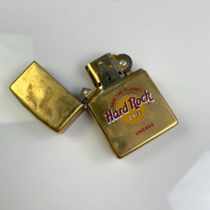 ZIPPO *AS-IS* 1990S HARD ROCK CAFE CHICAGO - SAVE THE PLANET BRASS ZIPPO LIGHTER, MADE IN USA in GOLD