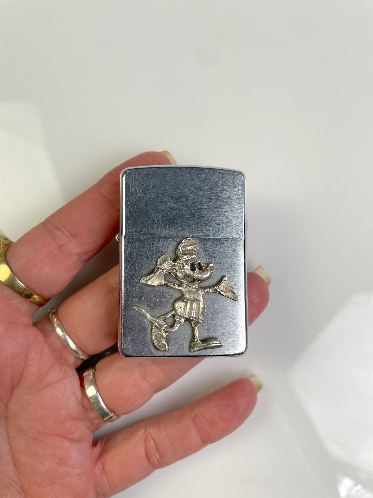 ZIPPO RARE! RUSTIC MICKEY MOUSE CHARACTER SOLDERED REFILLABLE ZIPPO LIGHTER - MADE IN USA in SILVER