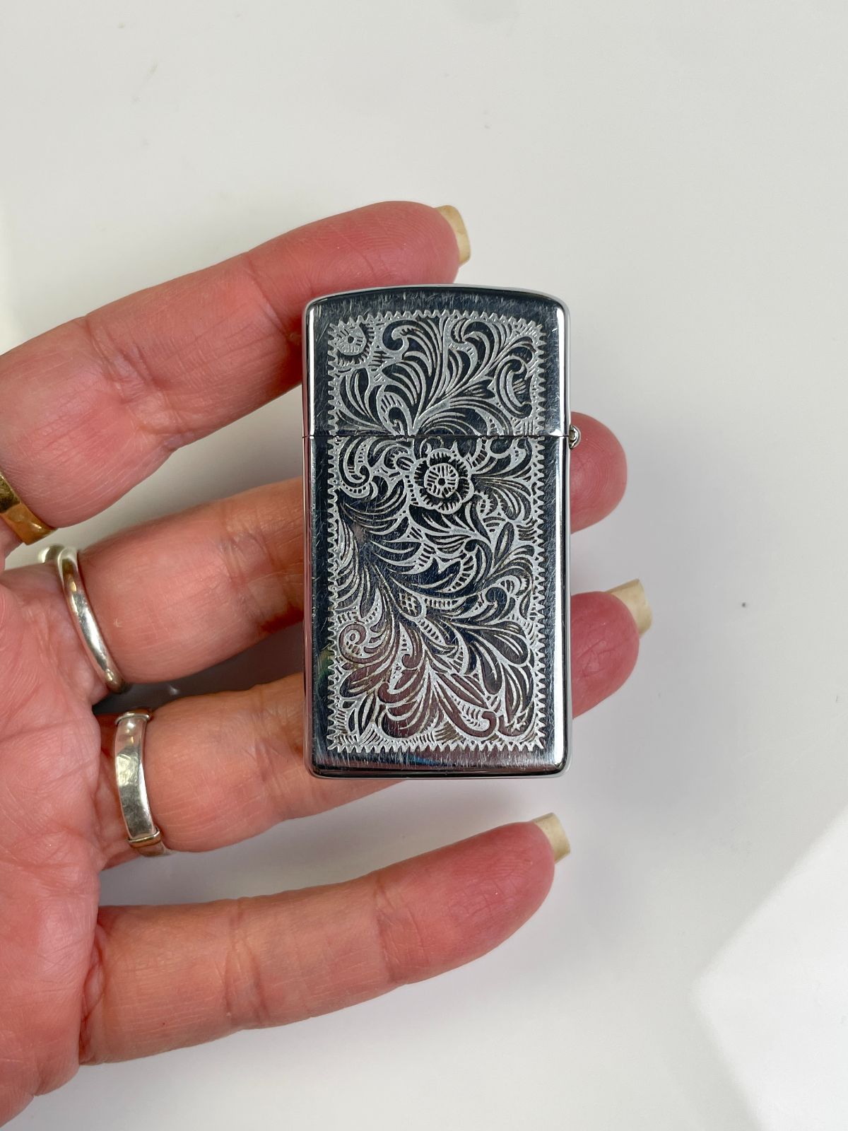ZIPPO ENGRAVED FLORAL METAL REFILLABLE LIGHTER RGA MONOGRAM in SILVER