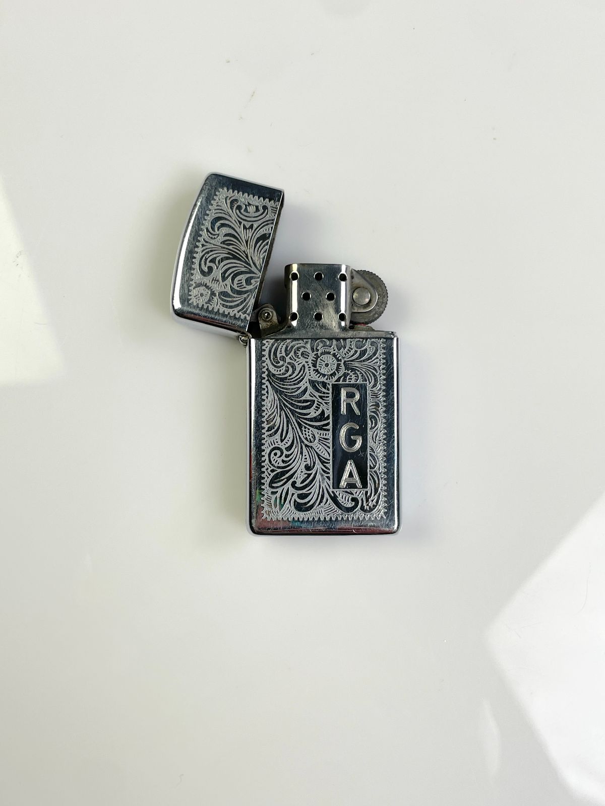 ZIPPO ENGRAVED FLORAL METAL REFILLABLE LIGHTER RGA MONOGRAM in SILVER