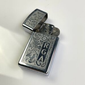 ZIPPO ENGRAVED FLORAL METAL REFILLABLE LIGHTER RGA MONOGRAM in SILVER