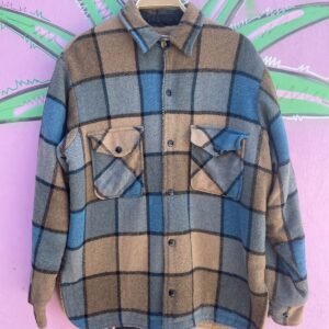 FOX KNAPP HEAVY WOOL SHERPA LINED BUTTON UP FLANNEL JACKET in BROWN, BLUE