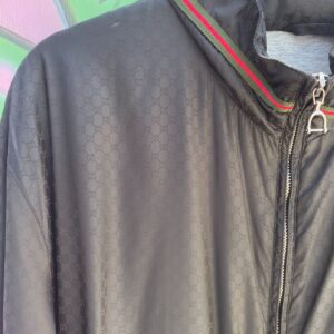GUCCI *AS-IS* GUCCI MONOGRAM WINDBREAKER JACKET W/ HIDEAWAY HOOD in BLACK