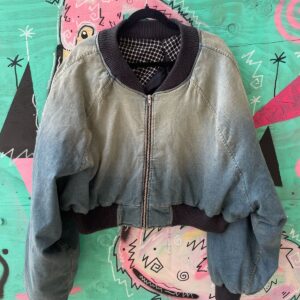 RAD! CUSTOM! MADE IN USA CROPPED OMBRE DENIM BOMBER JACKET RIBBED COLLAR & CUFFS in BLUE, BLACK