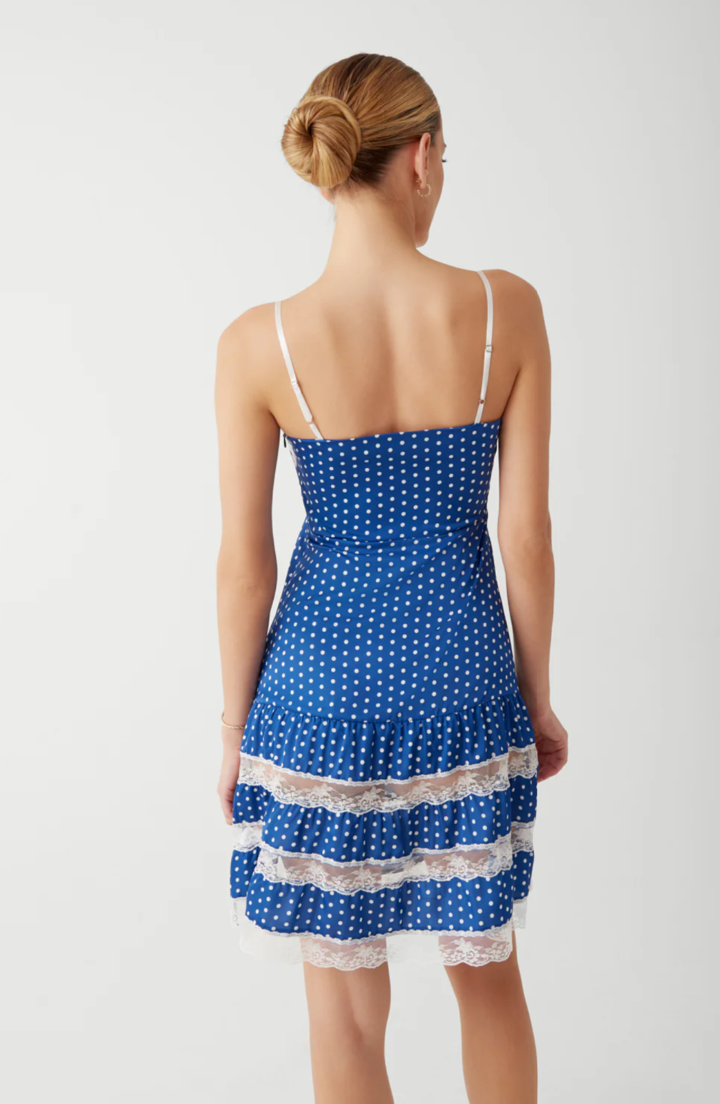 FRANKIES BIKINIS NWT! *SOLD OUT* SWEET! POLKADOT SATIN SLIP DRESS, LACE TRIM in BLUE, WHITE