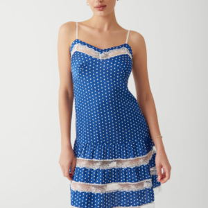 FRANKIES BIKINIS NWT! *SOLD OUT* SWEET! POLKADOT SATIN SLIP DRESS, LACE TRIM in BLUE, WHITE