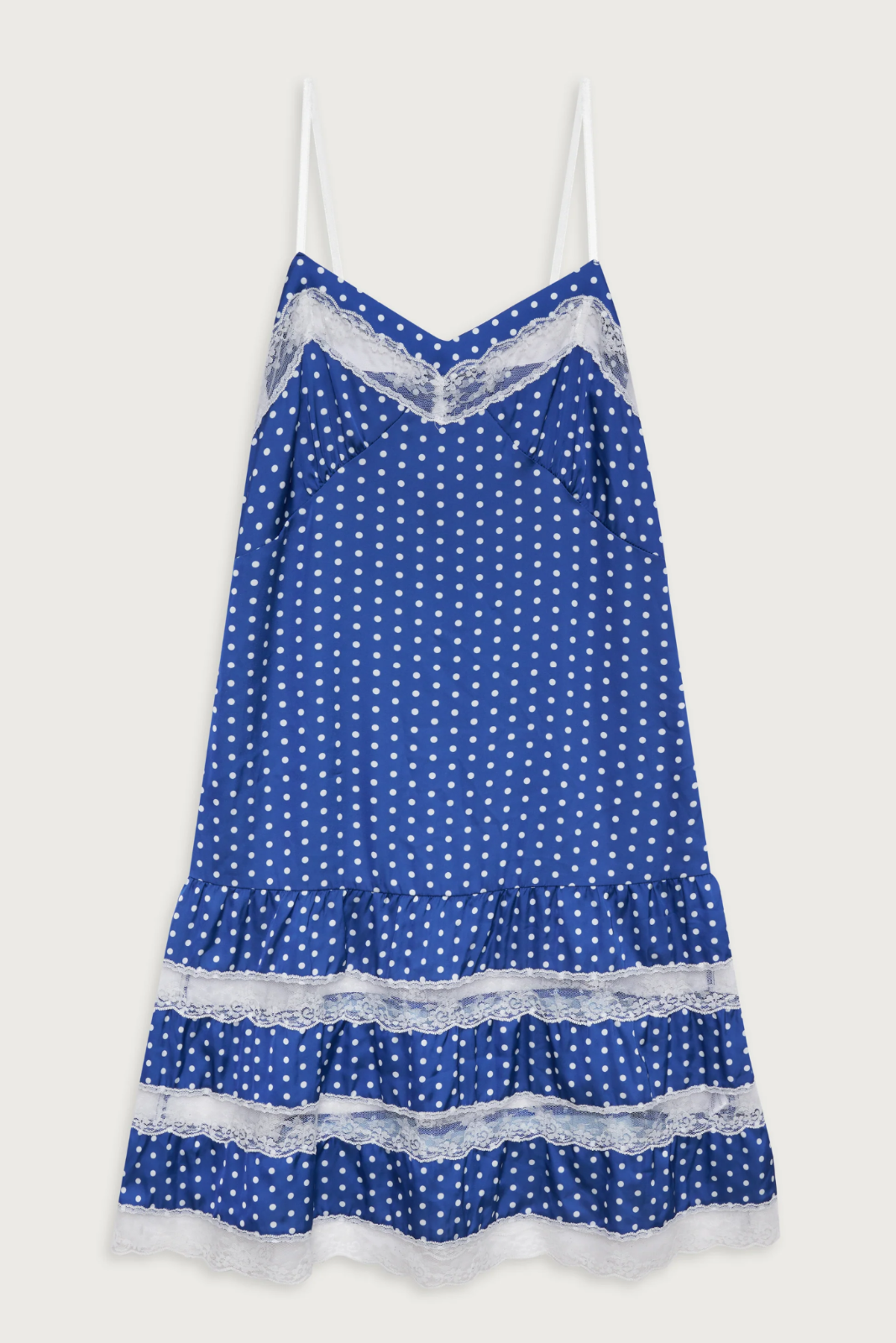 FRANKIES BIKINIS NWT! *SOLD OUT* SWEET! POLKADOT SATIN SLIP DRESS, LACE TRIM in BLUE, WHITE