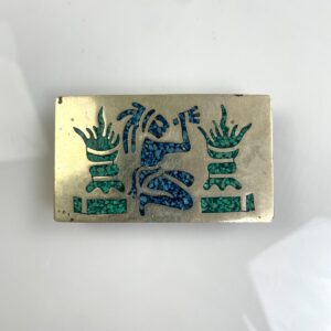 HECHO EN MÉXICO, 2-TONE CRUSHED TURQUOISE DESIGN BELT BUCKLE- STERLING? NO IDEA in SILVER, BLUE, GREEN