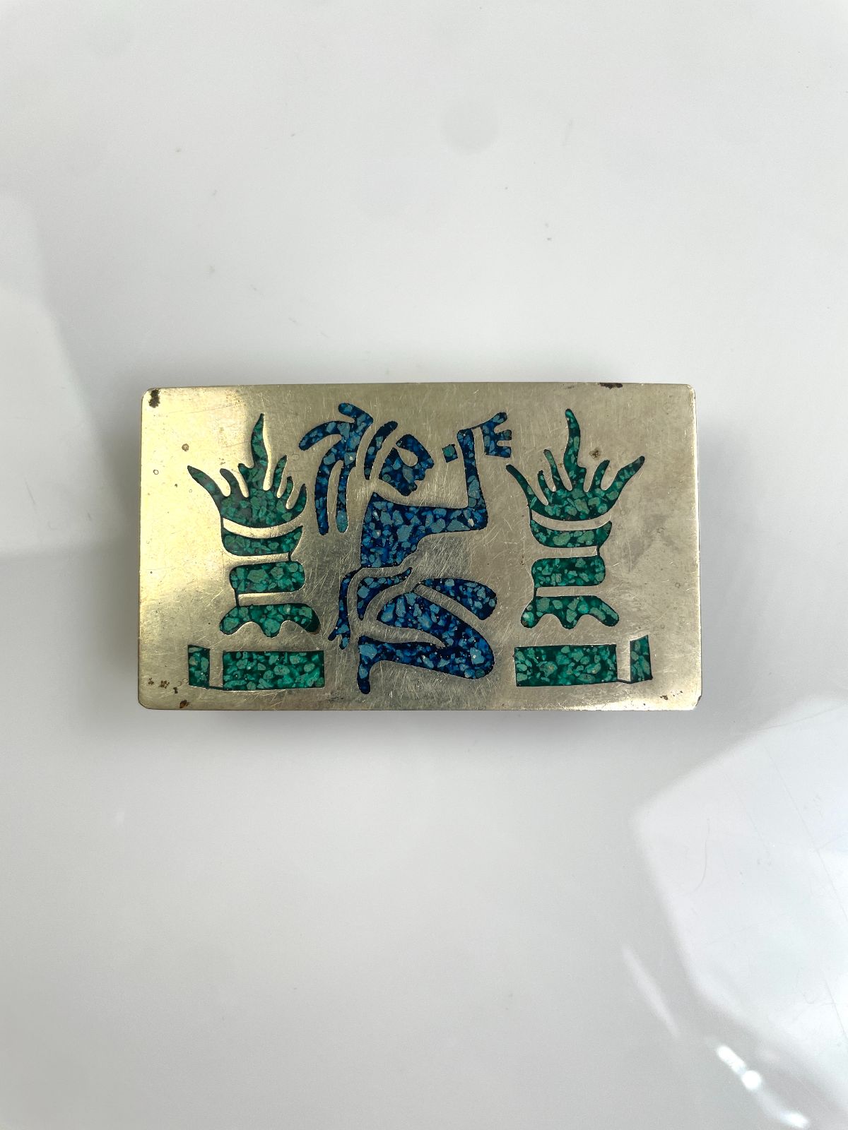 HECHO EN MÉXICO, 2-TONE CRUSHED TURQUOISE DESIGN BELT BUCKLE- STERLING? NO IDEA in SILVER, BLUE, GREEN