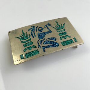 HECHO EN MÉXICO, 2-TONE CRUSHED TURQUOISE DESIGN BELT BUCKLE- STERLING? NO IDEA in SILVER, BLUE, GREEN