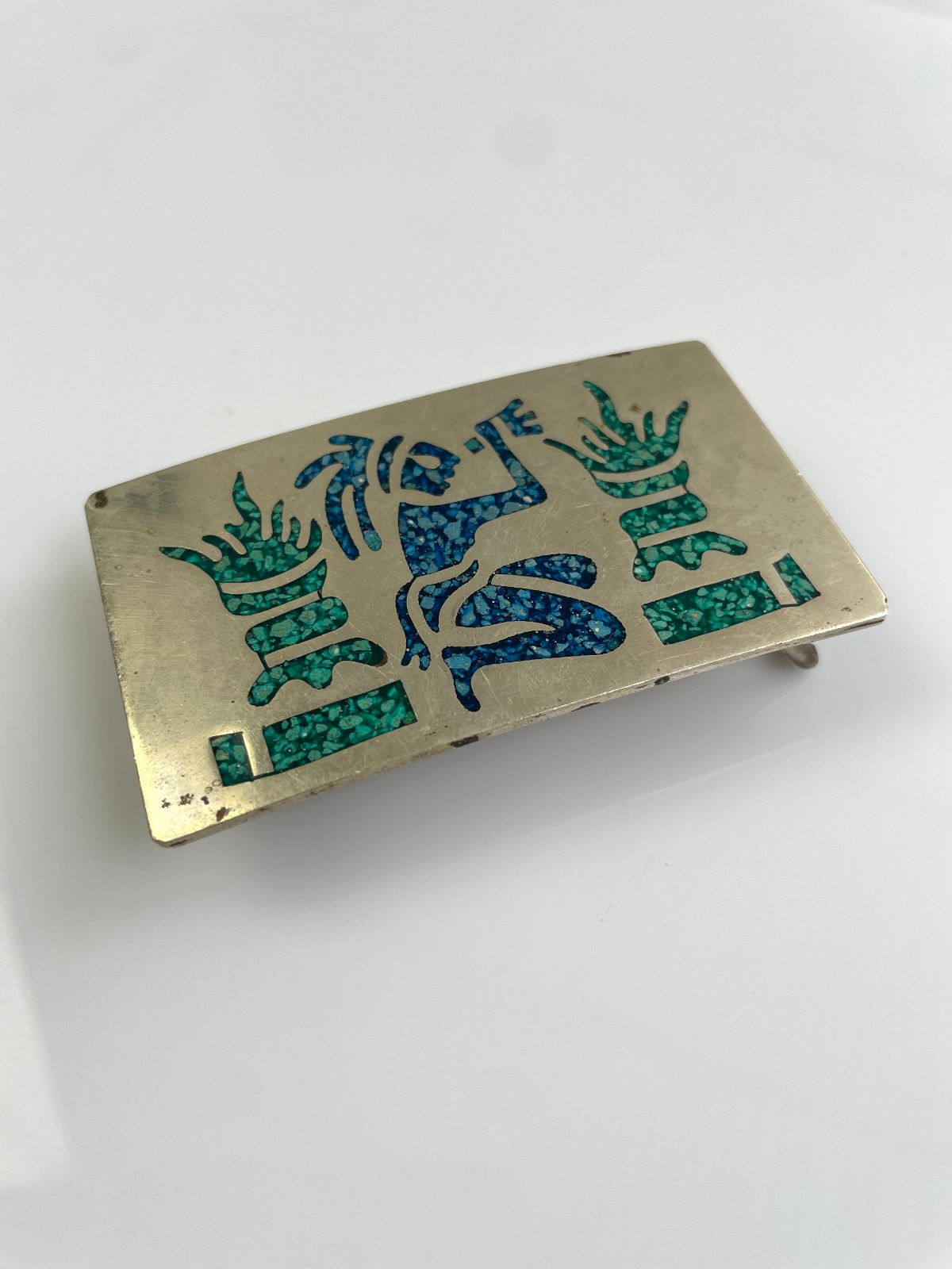 HECHO EN MÉXICO, 2-TONE CRUSHED TURQUOISE DESIGN BELT BUCKLE- STERLING? NO IDEA in SILVER, BLUE, GREEN