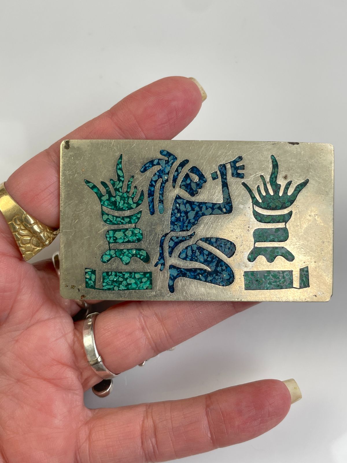 HECHO EN MÉXICO, 2-TONE CRUSHED TURQUOISE DESIGN BELT BUCKLE- STERLING? NO IDEA in SILVER, BLUE, GREEN