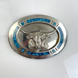 *AS-IS* COOL! NOS CRUSHED TURQUOISE STEER HEAD 2-PART BELT BUCKLE in SILVER, BLUE