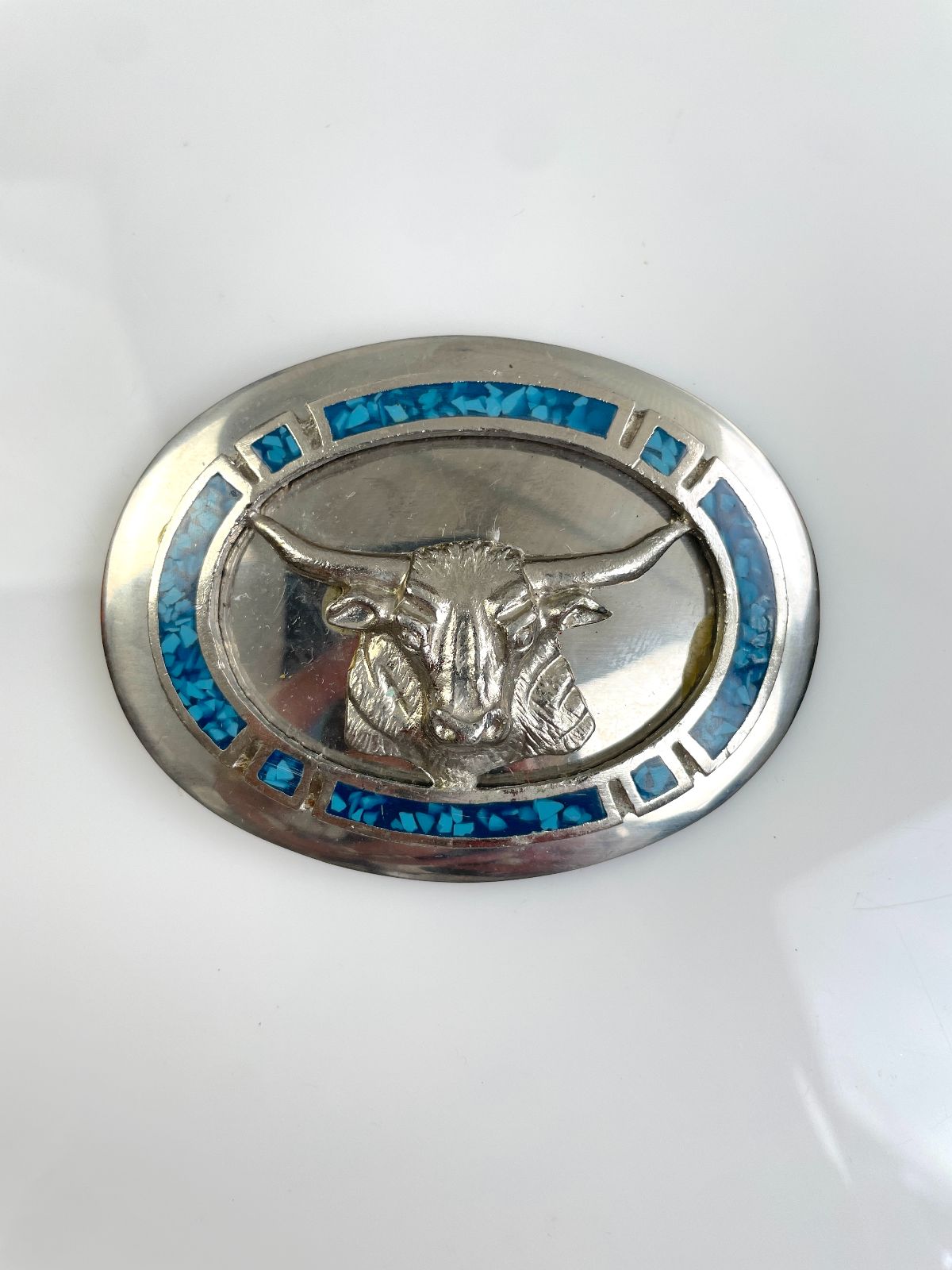 *AS-IS* COOL! NOS CRUSHED TURQUOISE STEER HEAD 2-PART BELT BUCKLE in SILVER, BLUE