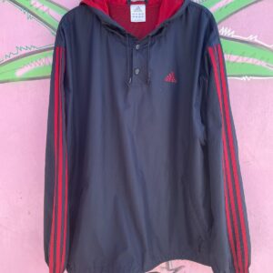 ADIDAS LATE 1990S | EARLY Y2K HOODED PULLOVER ADIDAS WINDBREAKER JACKET in NAVY, RED