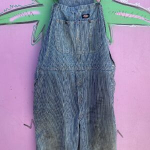DICKES AS-IS THRASHED SEARSUCKER CUTOFF OVERALLS in BLUE, WHITE