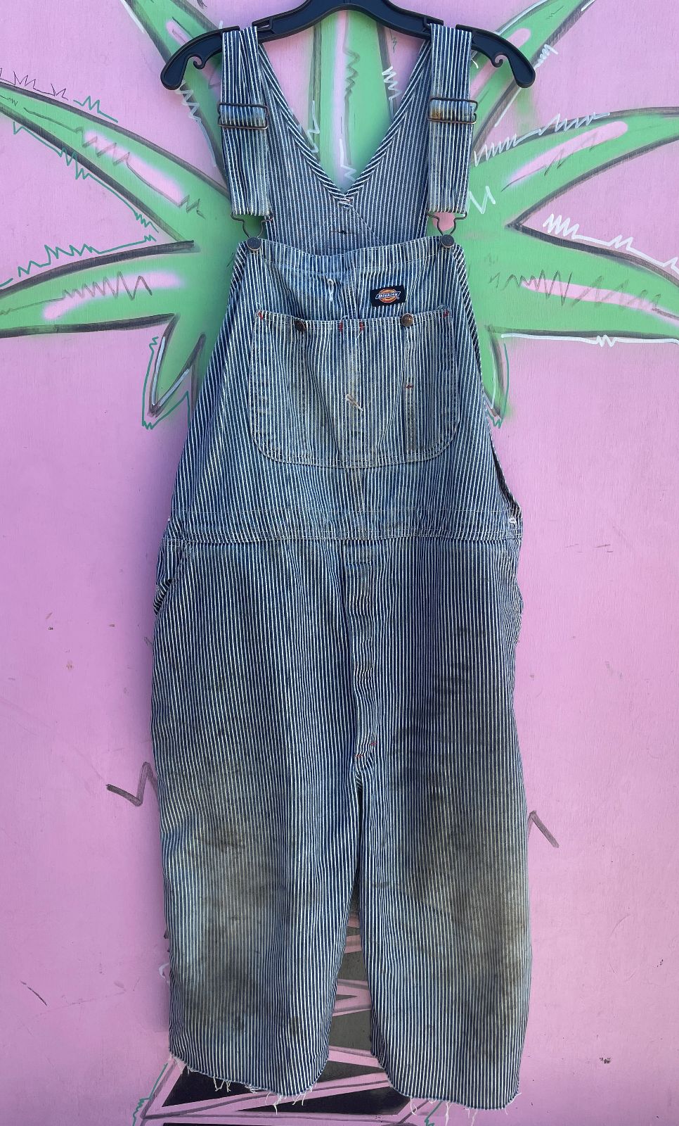 DICKES AS-IS THRASHED SEARSUCKER CUTOFF OVERALLS in BLUE, WHITE