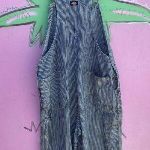 DICKES AS-IS THRASHED SEARSUCKER CUTOFF OVERALLS in BLUE, WHITE