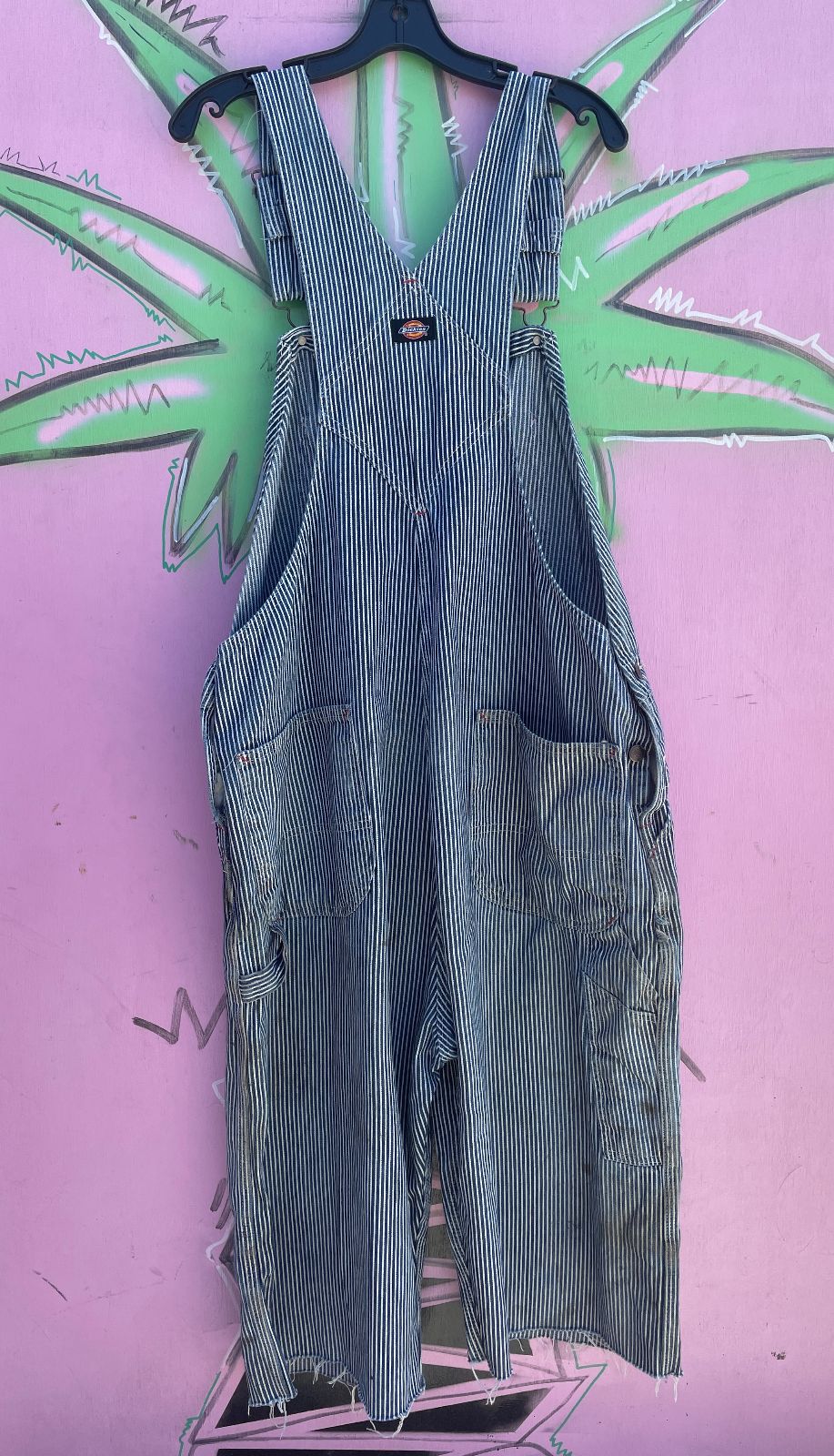 DICKES AS-IS THRASHED SEARSUCKER CUTOFF OVERALLS in BLUE, WHITE