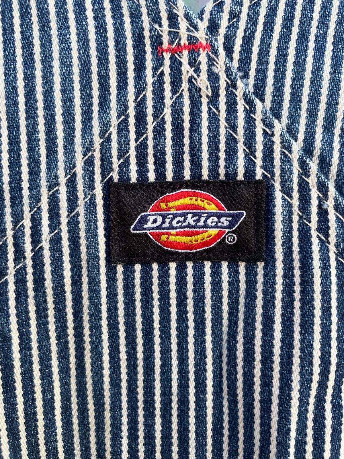 DICKES AS-IS THRASHED SEARSUCKER CUTOFF OVERALLS in BLUE, WHITE