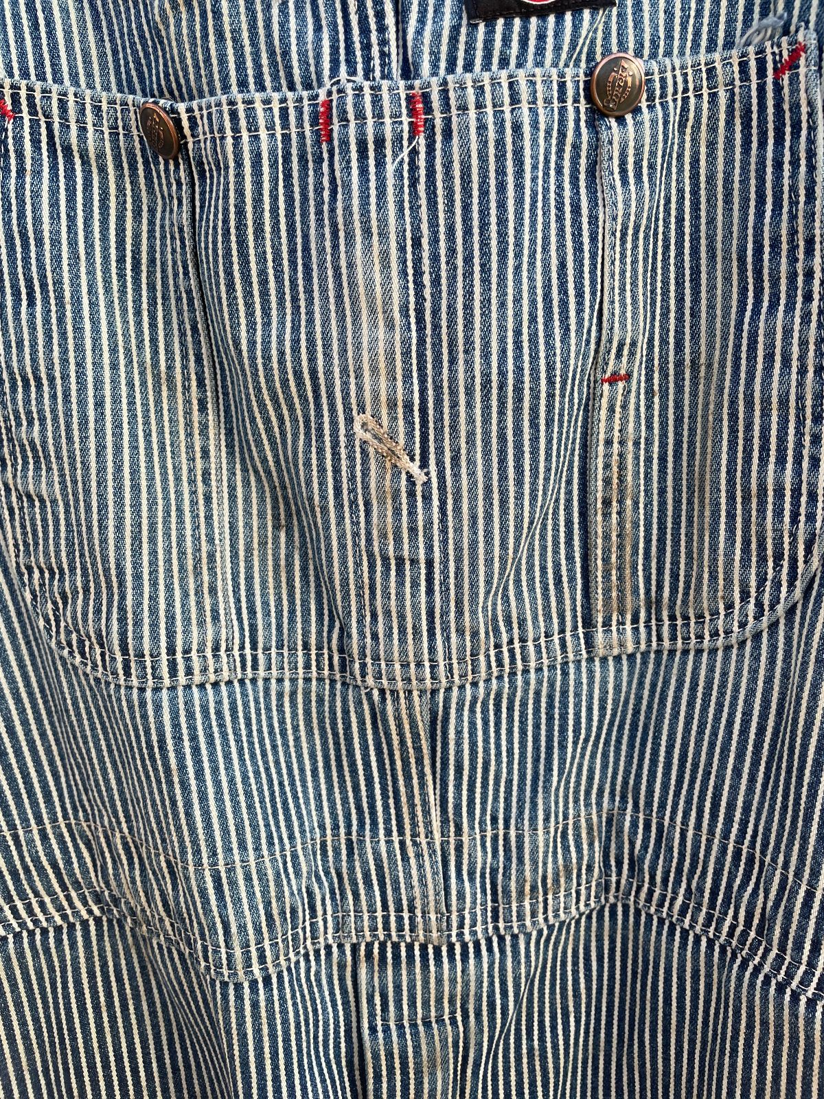 DICKES AS-IS THRASHED SEARSUCKER CUTOFF OVERALLS in BLUE, WHITE