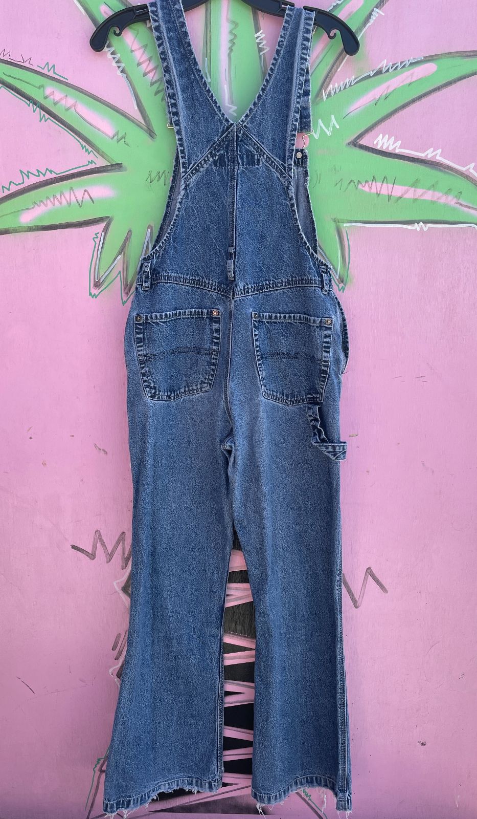 BRODY OVERALLS Y2K PERFECTLY DISTRESSED MEDIUM WASH FLARED DENIM OVERALLS in BLUE