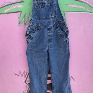 BRODY OVERALLS Y2K PERFECTLY DISTRESSED MEDIUM WASH FLARED DENIM OVERALLS in BLUE