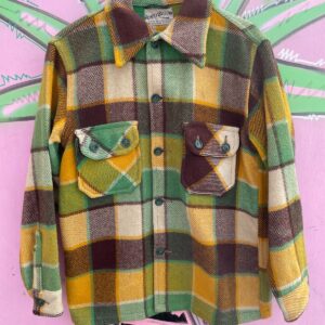 FOURTY BELOW BRIGHT! 1950S 100% WOOL HEAVY FLANNEL JACKET - DOUBLE FRONT CHEST POCKETS in YELLOW, BROWN, GREEN