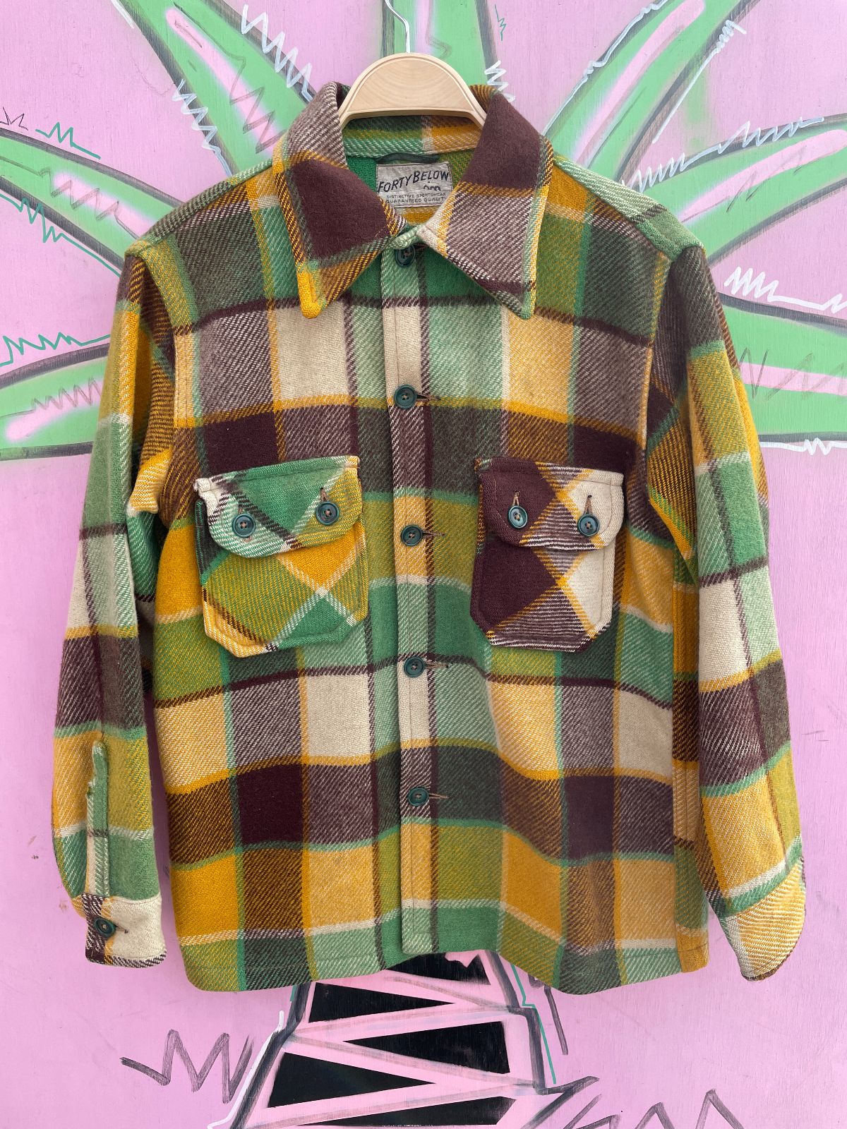 FOURTY BELOW BRIGHT! 1950S 100% WOOL HEAVY FLANNEL JACKET - DOUBLE FRONT CHEST POCKETS in YELLOW, BROWN, GREEN
