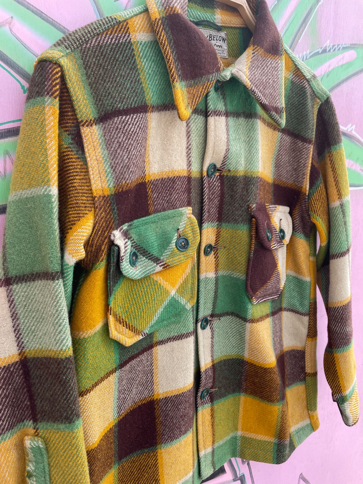 FOURTY BELOW BRIGHT! 1950S 100% WOOL HEAVY FLANNEL JACKET - DOUBLE FRONT CHEST POCKETS in YELLOW, BROWN, GREEN