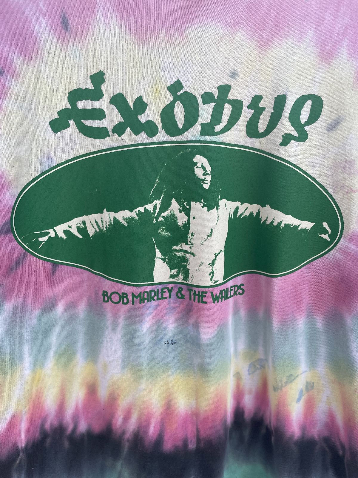 ZION COOL! BOB MARLEY & THE WAILERS EXODUS GRAPHIC PASTEL TIE DYE TSHIRT in GREEN