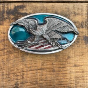 BERGAMOT BRASS WORKS 1983 BERGAMOT BRASS ENAMEL AMERICAN BALD EAGLE AND SHEILD BELT BUCKLE