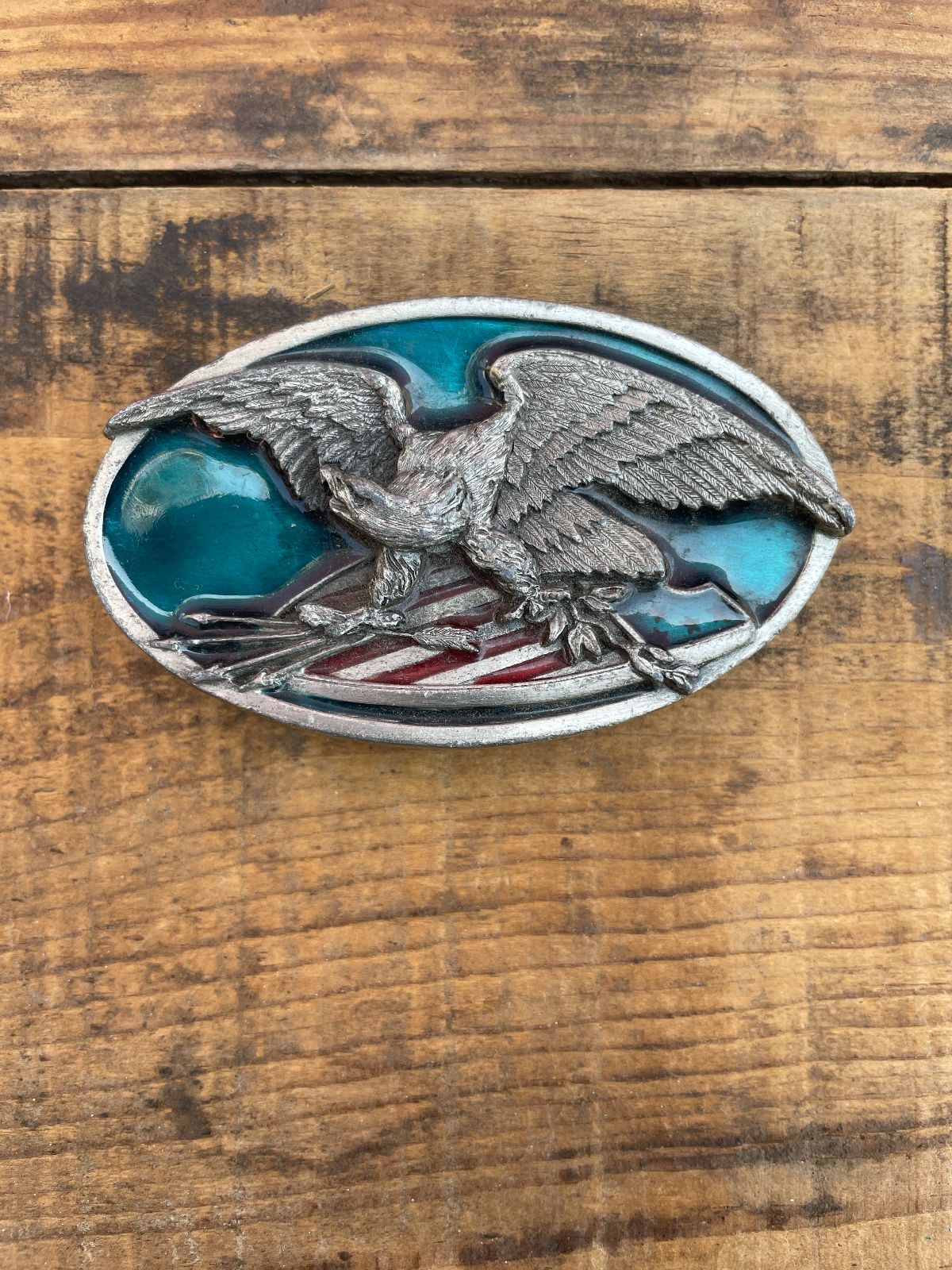 BERGAMOT BRASS WORKS 1983 BERGAMOT BRASS ENAMEL AMERICAN BALD EAGLE AND SHEILD BELT BUCKLE