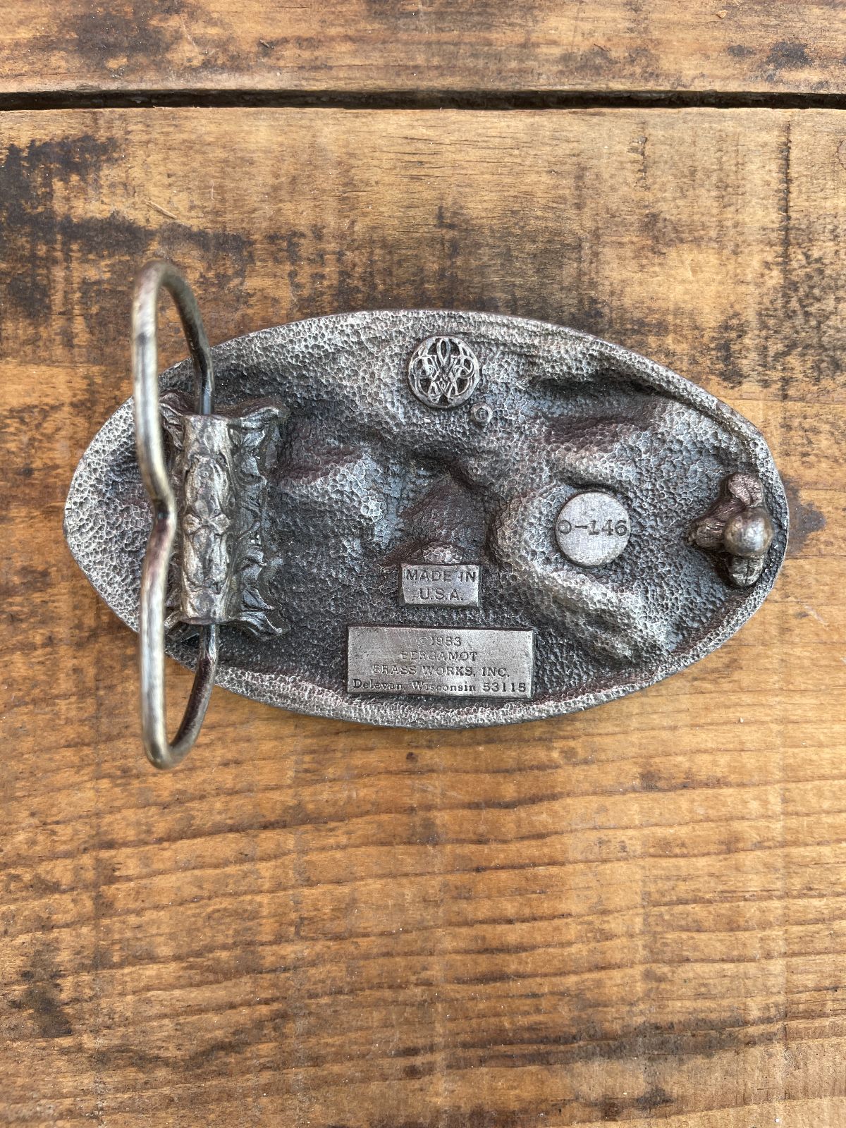 BERGAMOT BRASS WORKS 1983 BERGAMOT BRASS ENAMEL AMERICAN BALD EAGLE AND SHEILD BELT BUCKLE
