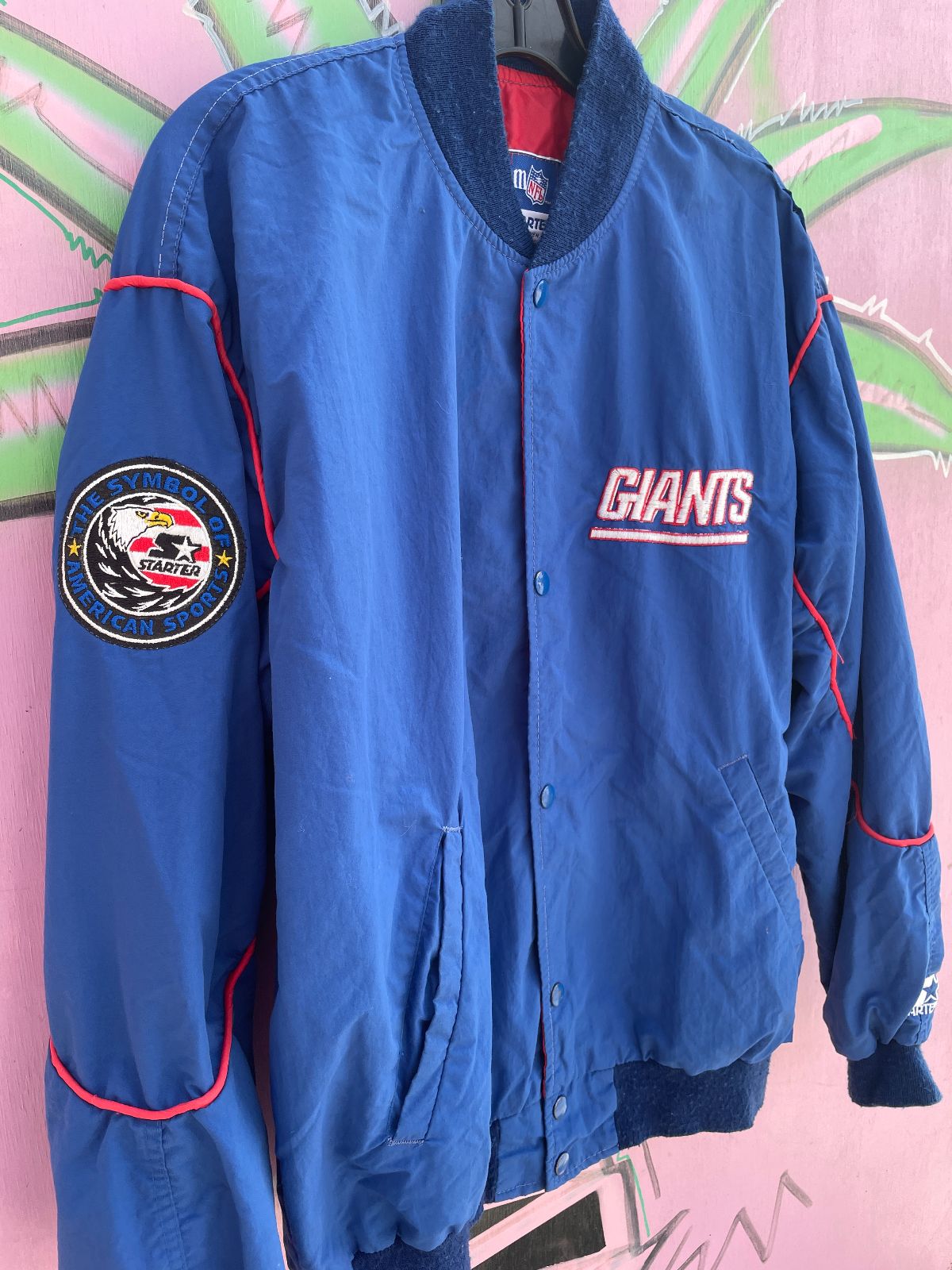 STARTER AS-IS NFL NEW YORK GIANTS STARTER NYLON BUTTON UP JACKET in BLUE, RED